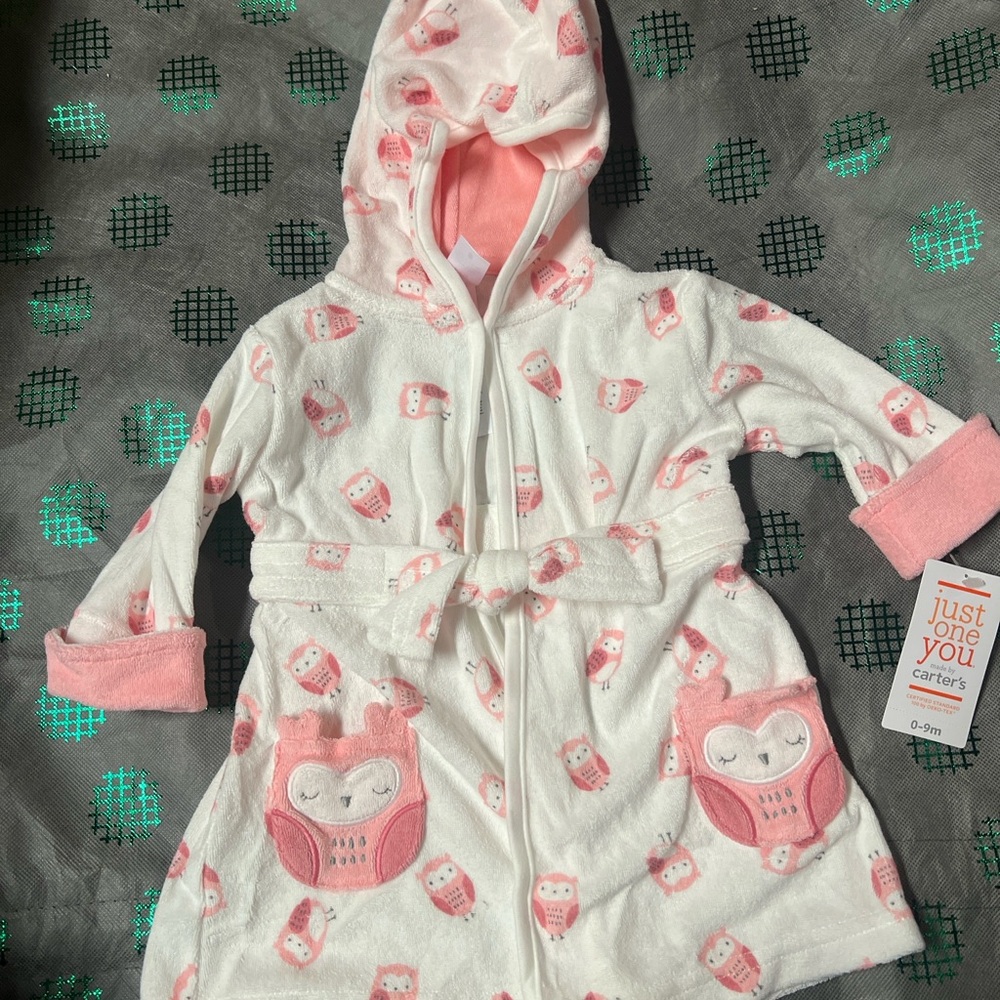Carter's White and Pink Owl Hooded Fleece Robe with Pockets